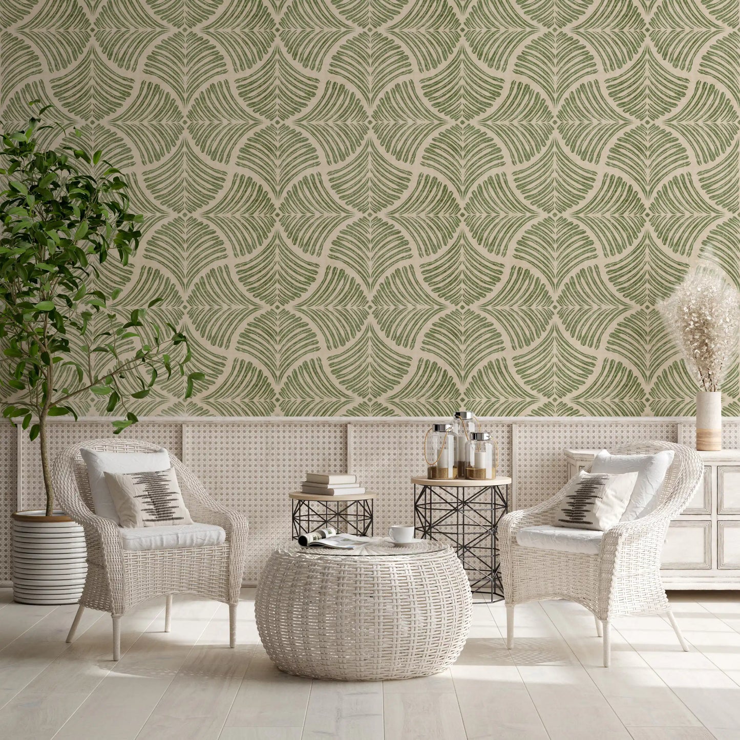 Japandi minimalist wallpaper, sage scallop fans on a creamy linen-toned background., GD9644