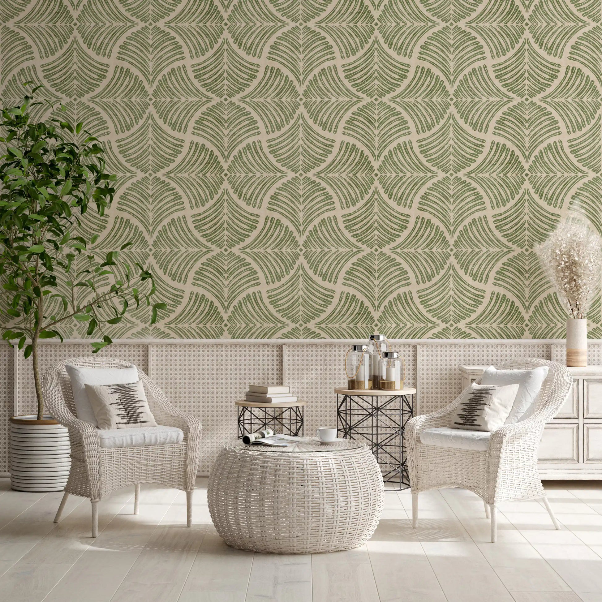 Japandi minimalist wallpaper, sage scallop fans on a creamy linen-toned background., GD9644