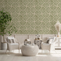 Japandi minimalist wallpaper, sage scallop fans on a creamy linen-toned background., GD9644