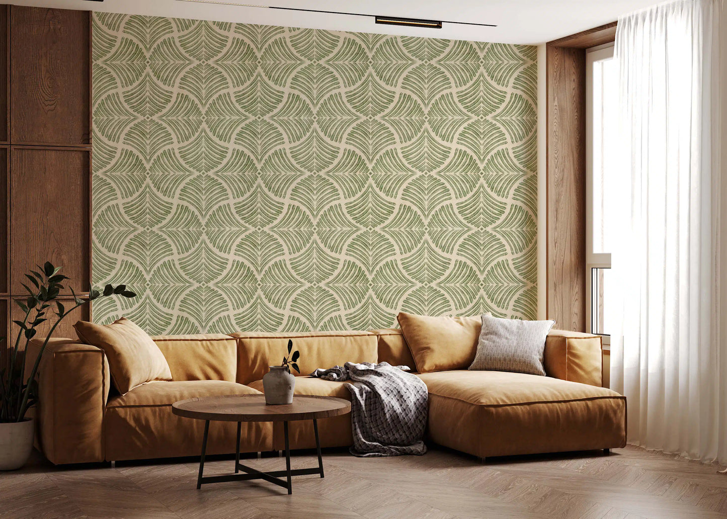 A hallway leans into nature with this muted green scallop fan Japandi wallpaper., GD9644