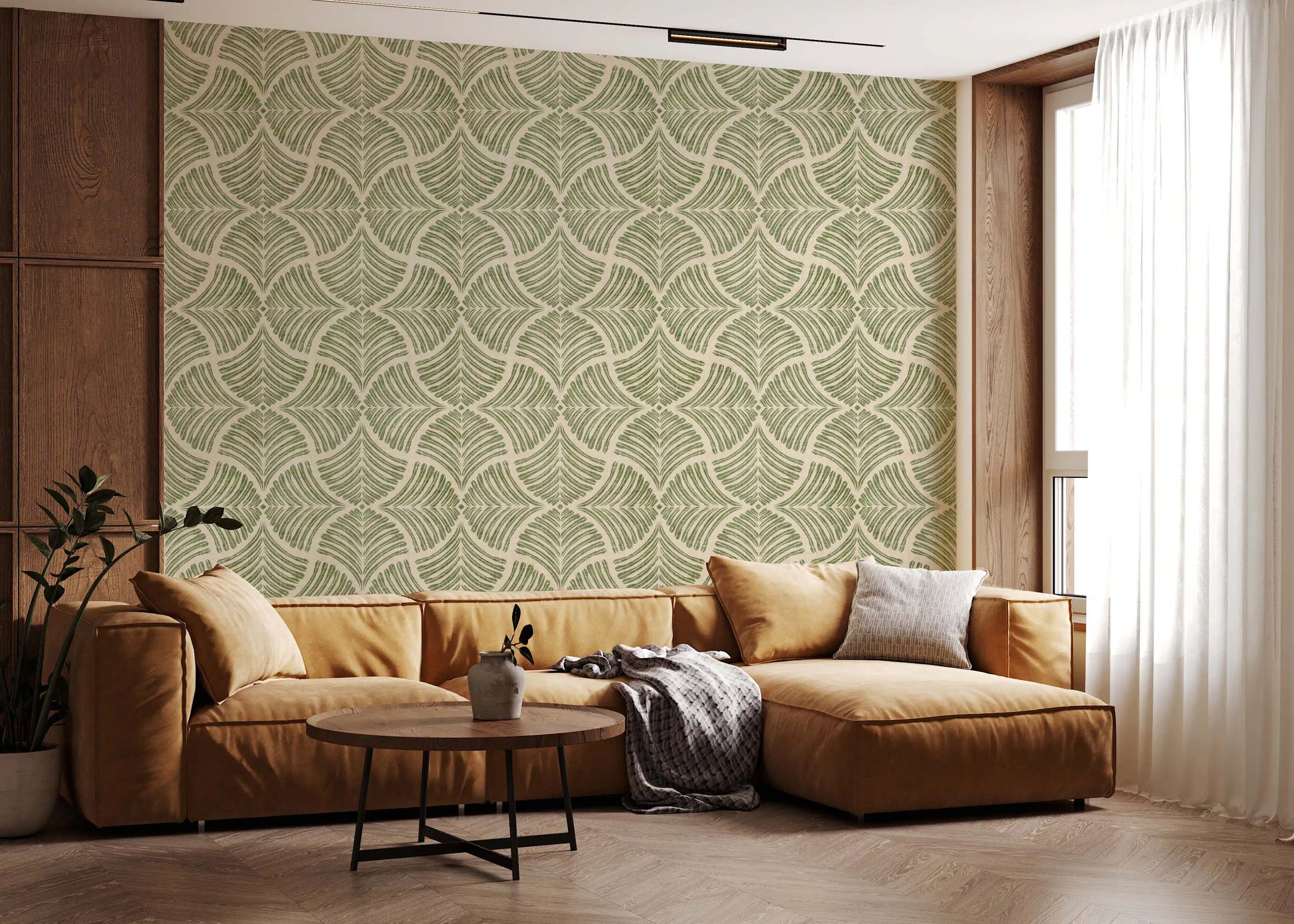 A hallway leans into nature with this muted green scallop fan Japandi wallpaper., GD9644