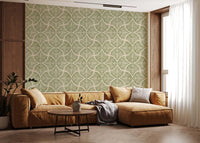 A hallway leans into nature with this muted green scallop fan Japandi wallpaper., GD9644