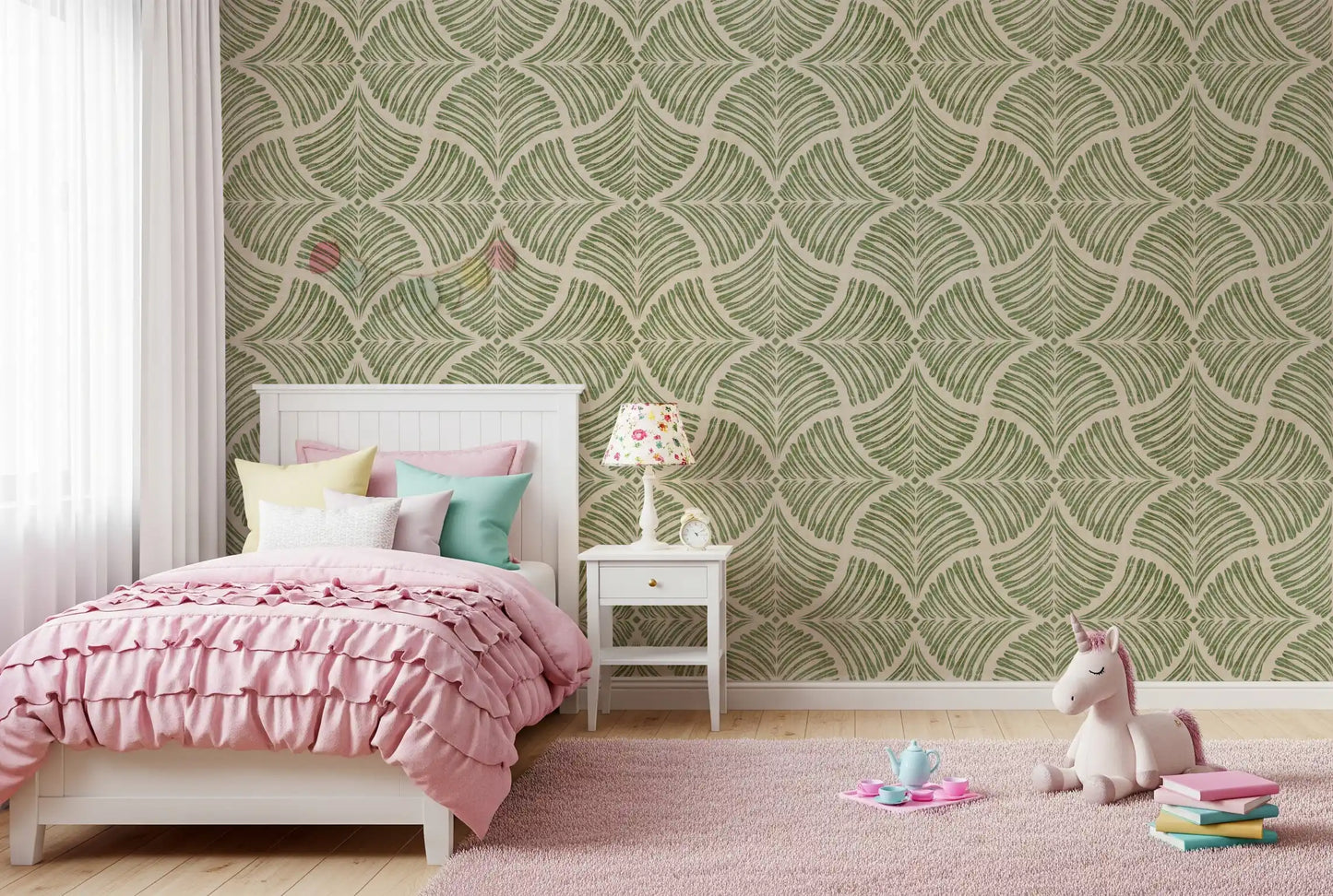 A kids room comes alive with this muted green scallop fan Japandi wallpaper., GD9644