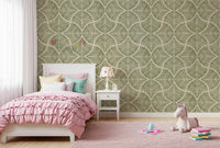 A kids room comes alive with this muted green scallop fan Japandi wallpaper., GD9644