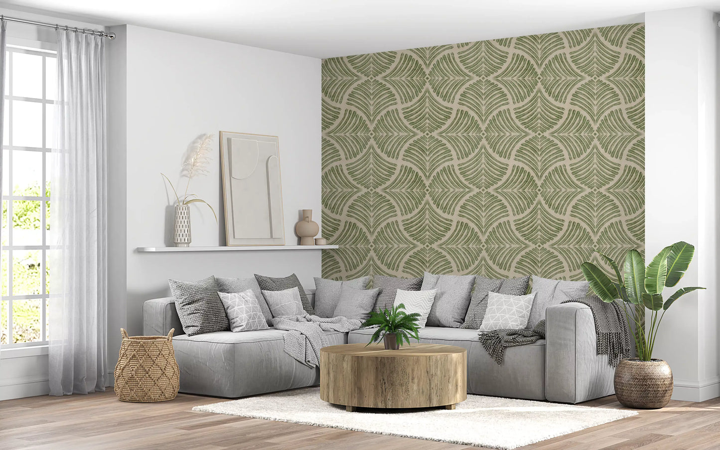 Muted green motifs usher quiet style into a Living room with this scallop fan wallpaper., GD9644