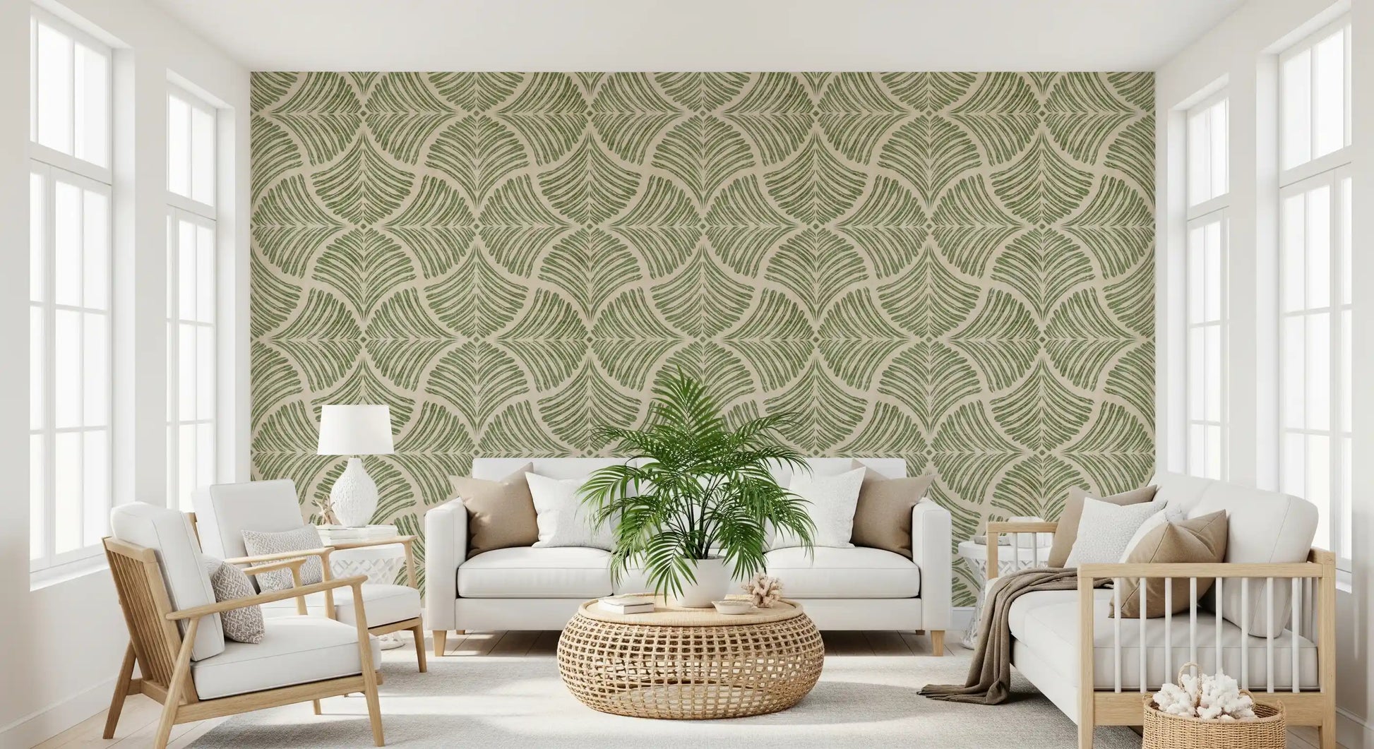 A lounge folds in natural calm with this muted green scallop fan wallpaper., GD9644