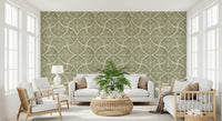 A lounge folds in natural calm with this muted green scallop fan wallpaper., GD9644