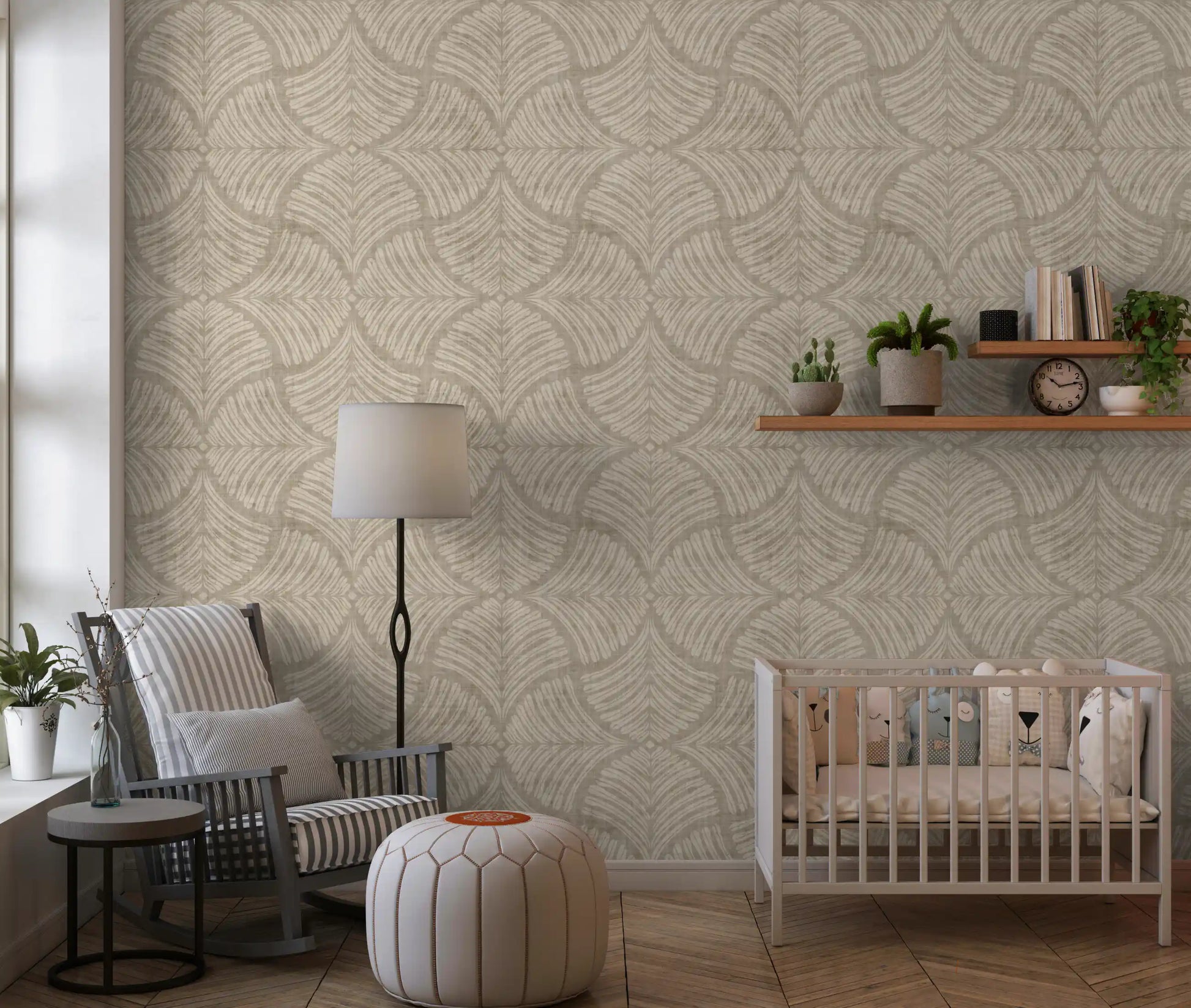 Cream scallop strokes brush across this sand beige Japandi minimalist wallpaper., GD9645