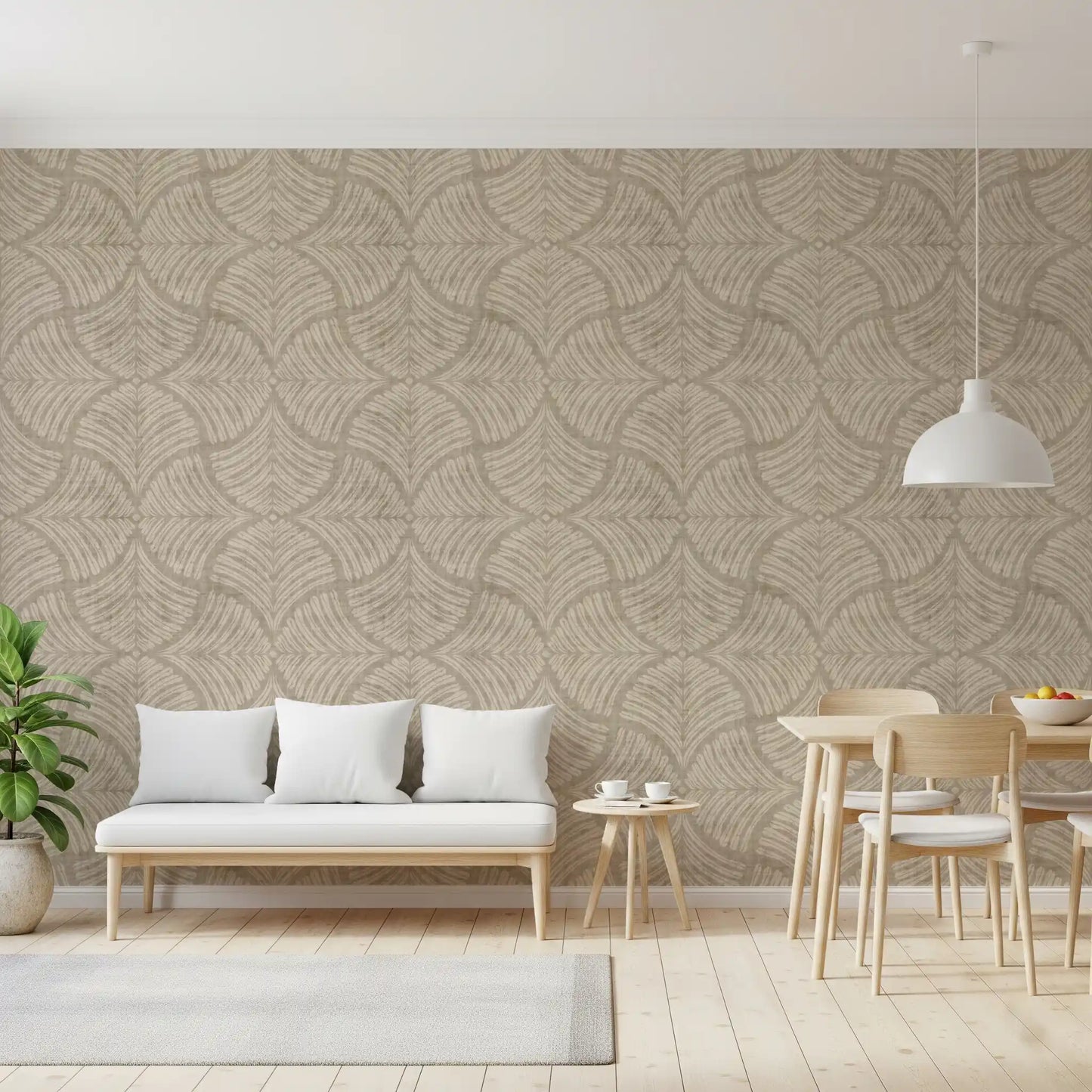 A Dining room rounds out with sand beige scallop motifs on this Japandi wallpaper., GD9645