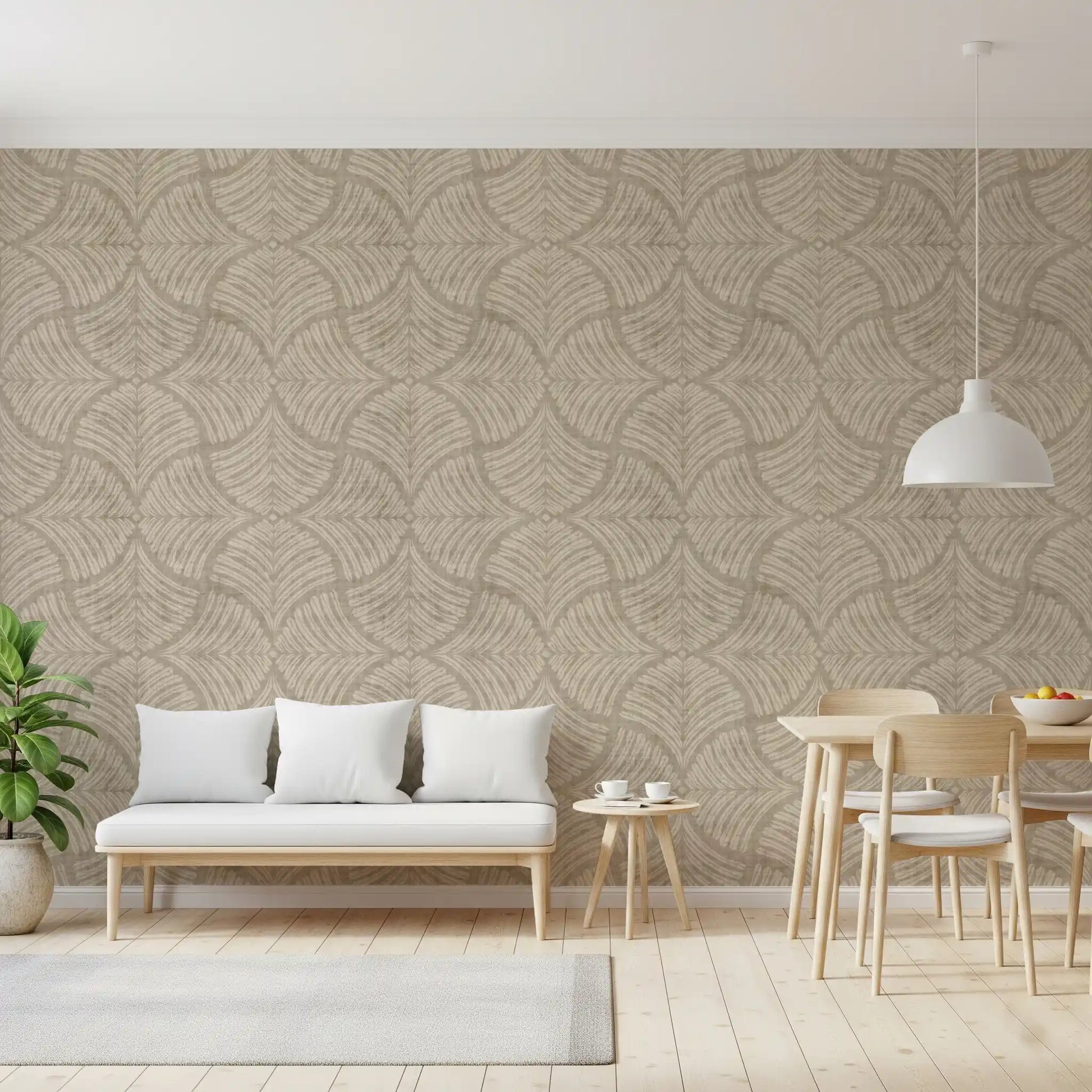 A Dining room rounds out with sand beige scallop motifs on this Japandi wallpaper., GD9645