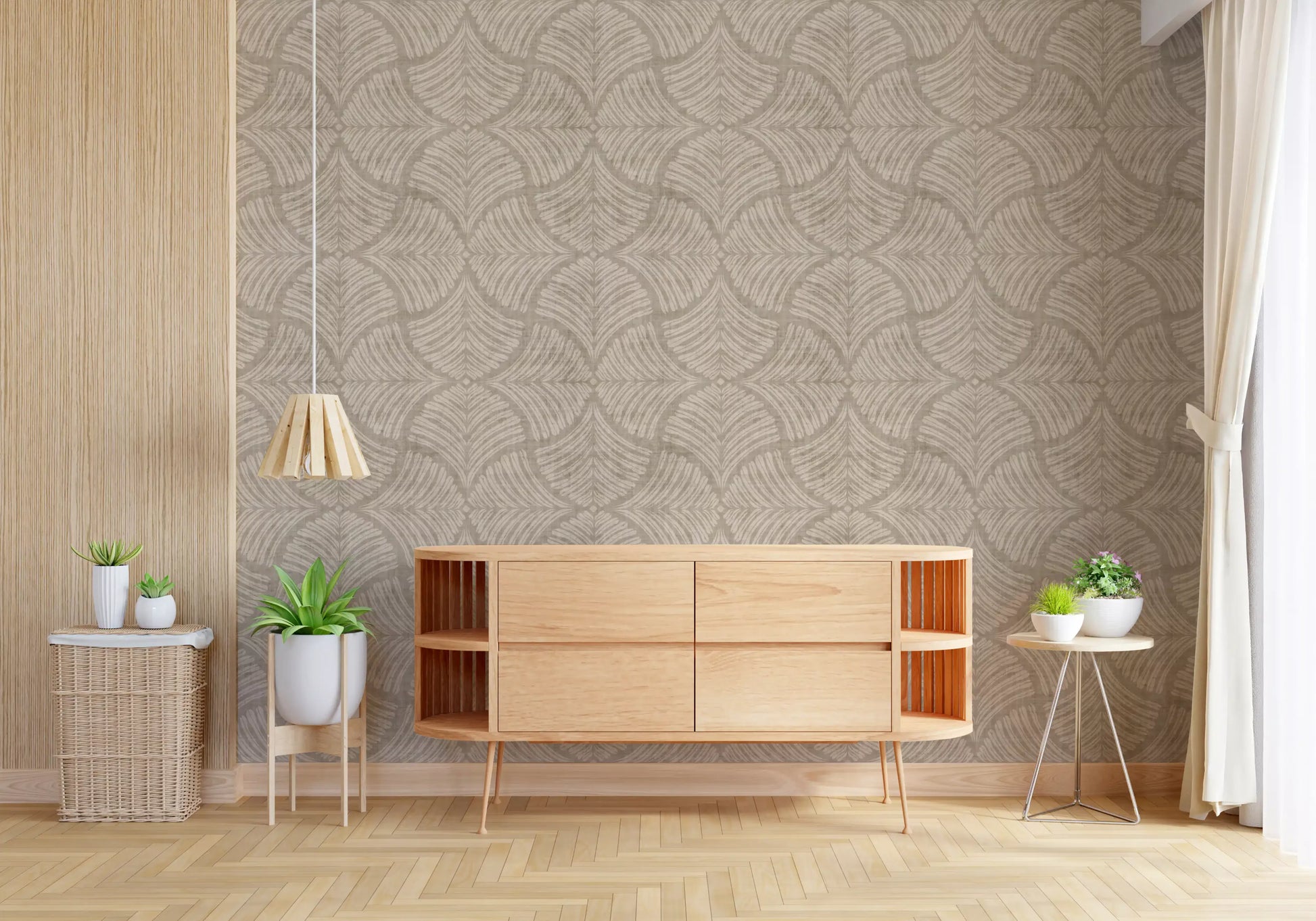 Beige scallop fans season a Livingn room with this Japandi minimalist wallpaper., GD9645