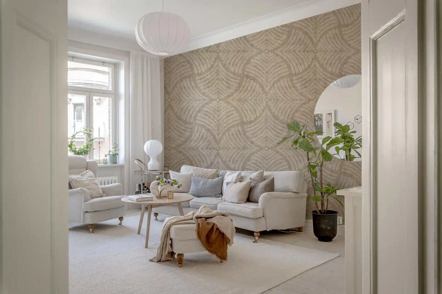 A lounge calms its tempo with this sand beige scallop fan Japandi wallpaper., GD9645