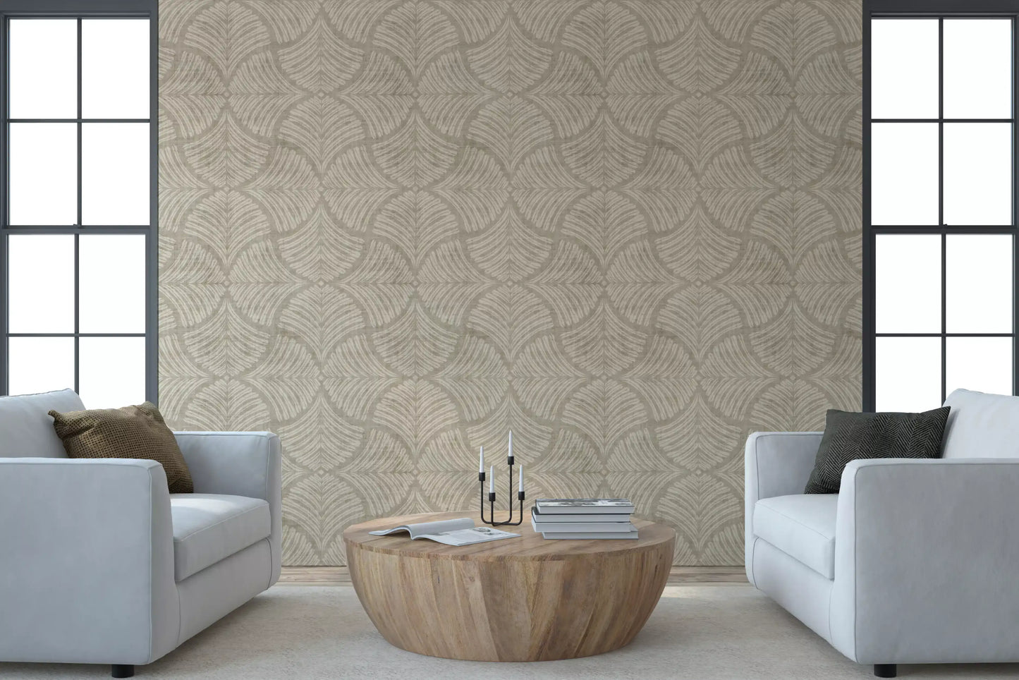 Aged-paper feel embraces cream scallop fans on this sand beige Japandi wallpaper., GD9645