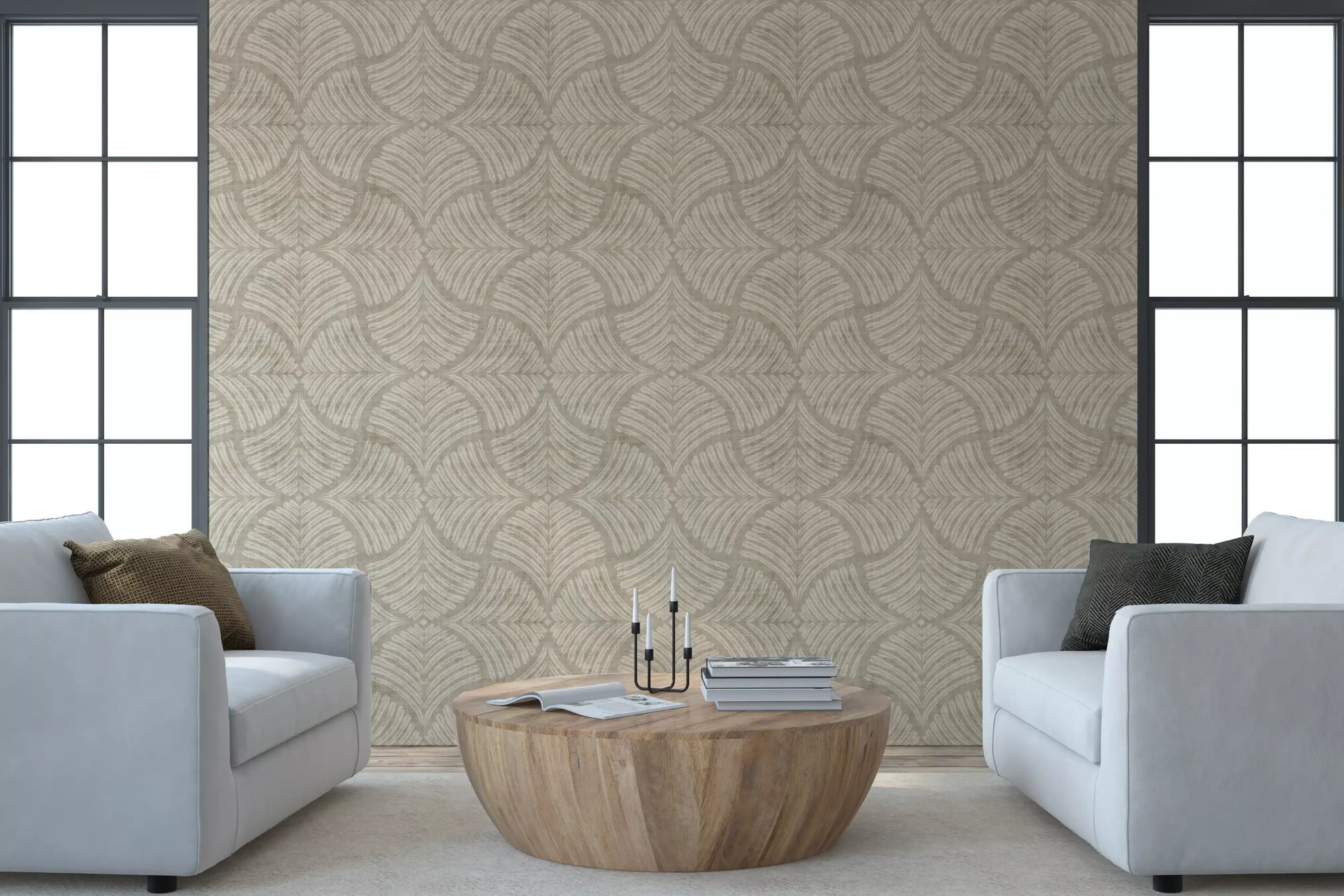 Aged-paper feel embraces cream scallop fans on this sand beige Japandi wallpaper., GD9645
