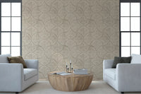 Aged-paper feel embraces cream scallop fans on this sand beige Japandi wallpaper., GD9645