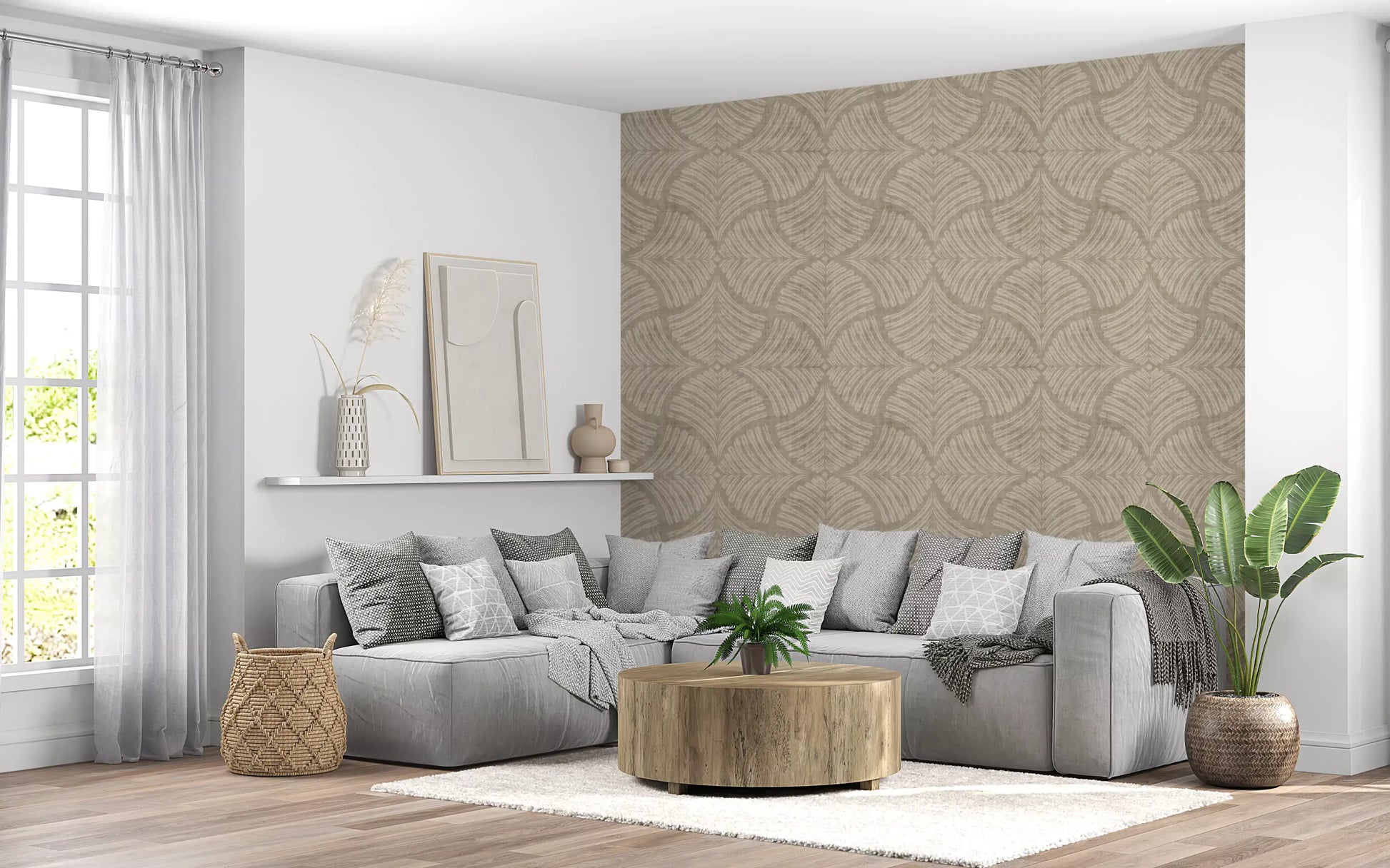Sand beige Japandi wallpaper, cream-toned scallop fans on a textured base., GD9645