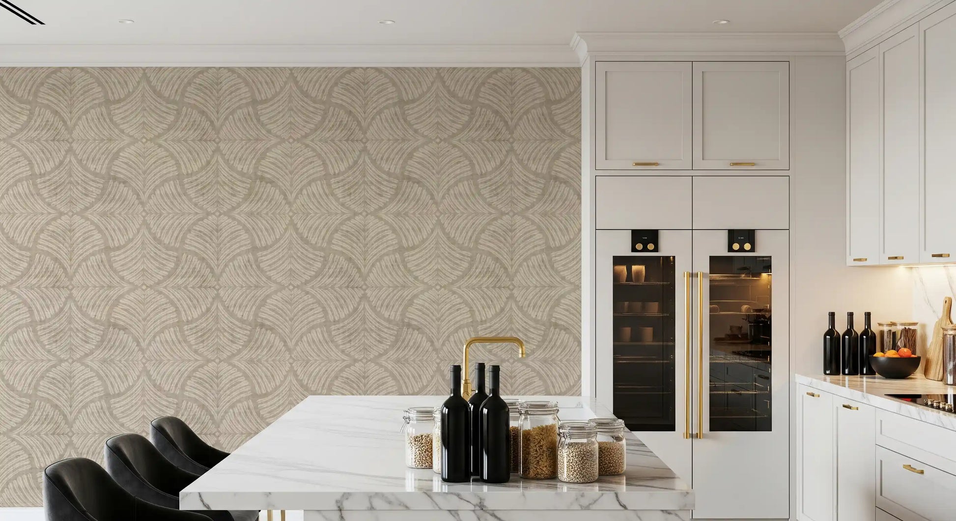 Calm scallop tones a Kitchen and dining with this sand beige Japandi wallpaper., GD9645