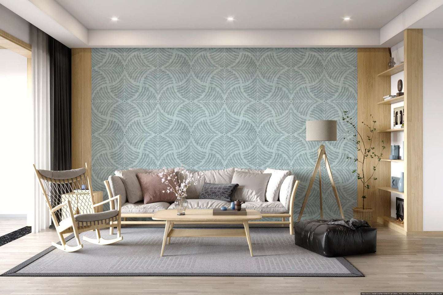 Subtle teal scallops complement a Living room with this Japandi wallpaper.
