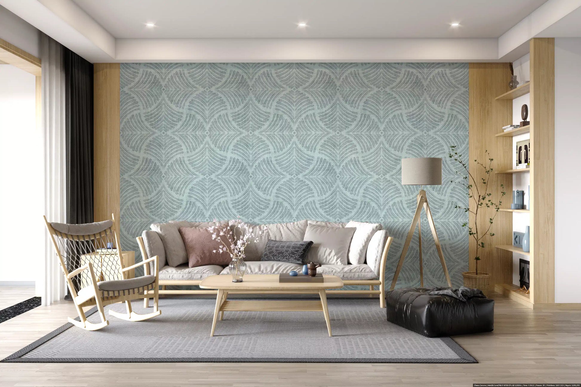 Subtle teal scallops complement a Living room with this Japandi wallpaper.