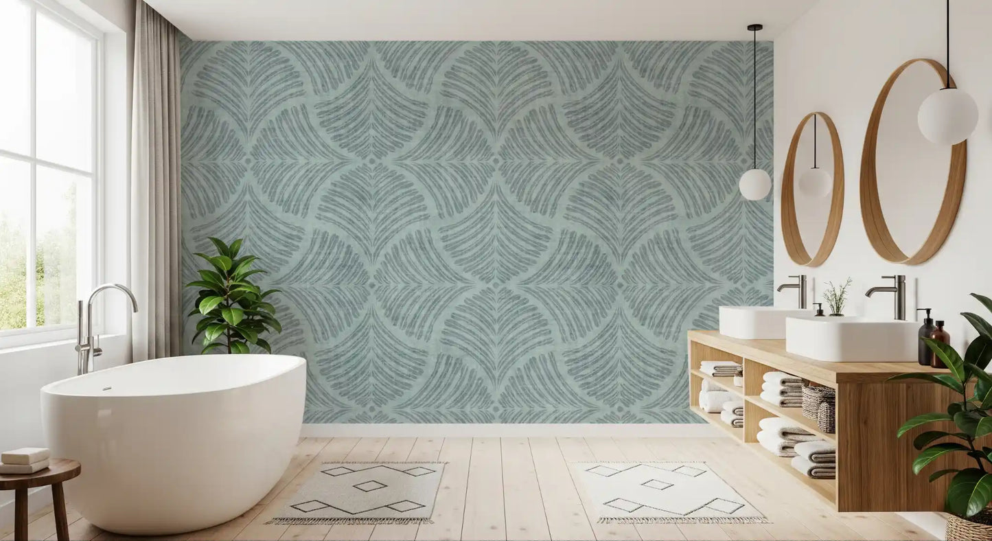 A bathroom into the dusty blue scallop fans of this Japandi wallpaper.