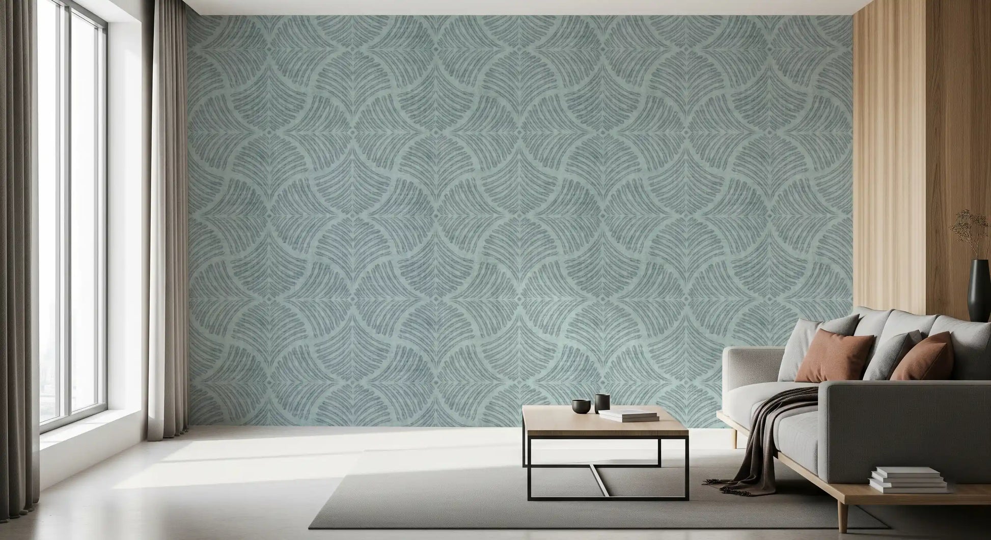 Japandi Wallpaper with crisscrossed scallop fans on a dusty blue textured backdrop.
