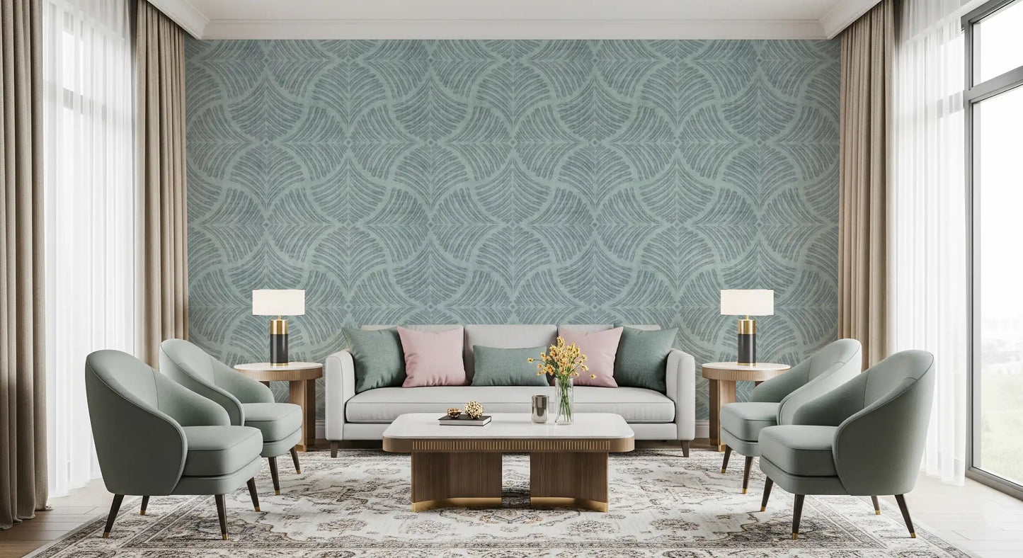 A hallway feels fresher with this dusty blue scallop fan Japandi wallpaper.