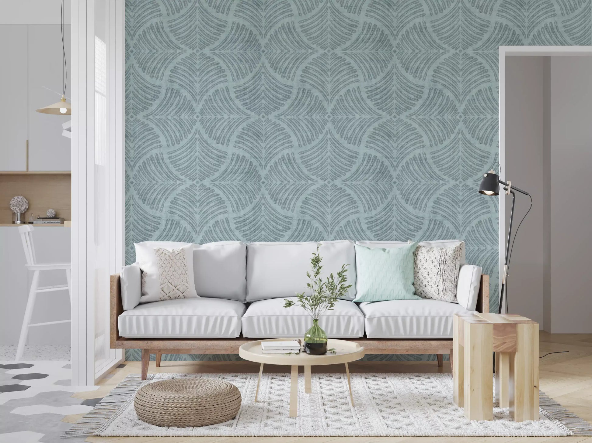 Pale scallop motifs mirror across this calm dusty blue Japandi wallpaper.