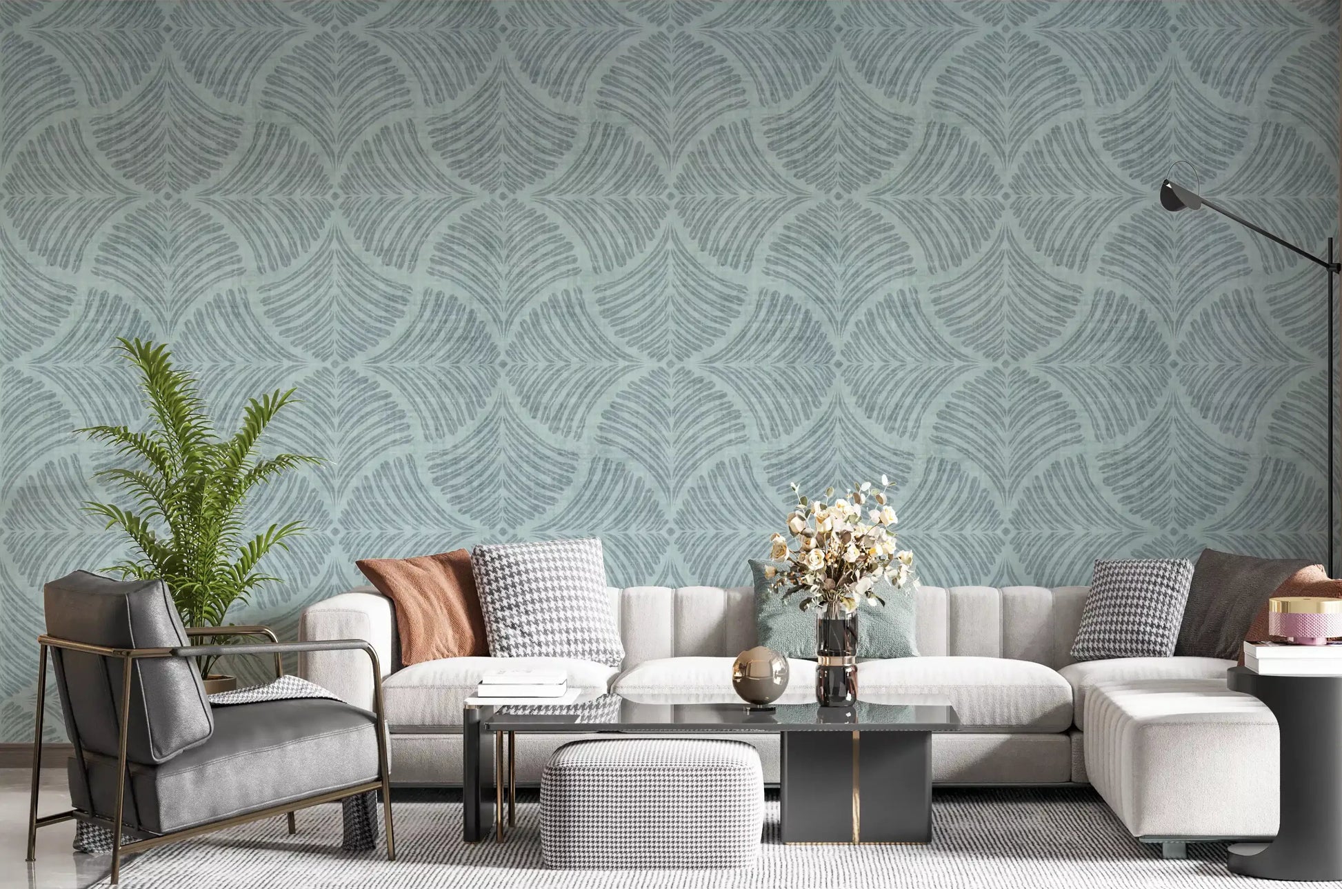Dusty blue scallop motifs ground a living room with this Japandi minimalist wallpaper.
