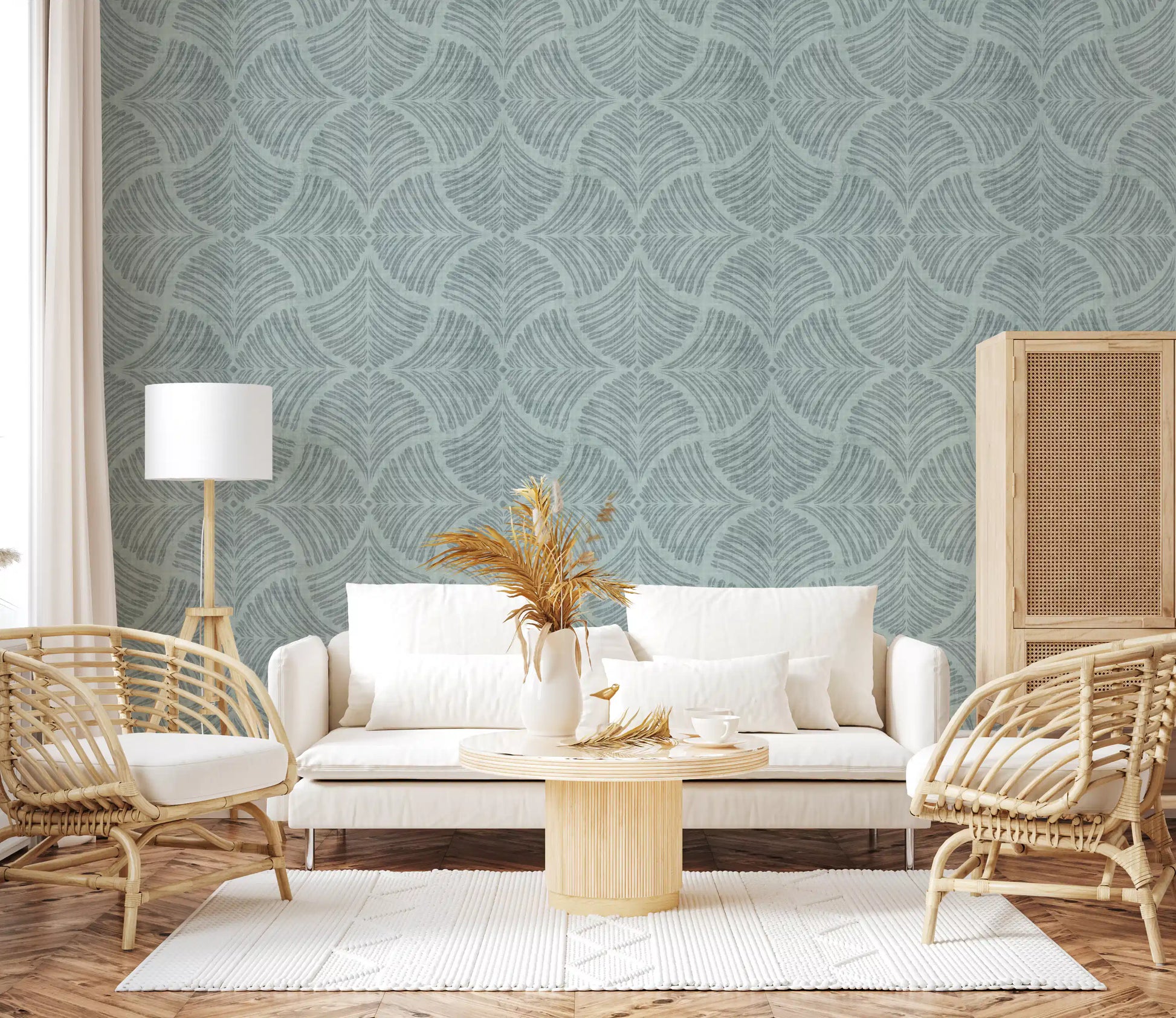 Brushed scallop strokes drape across a textured blue Japandi wallpaper field.