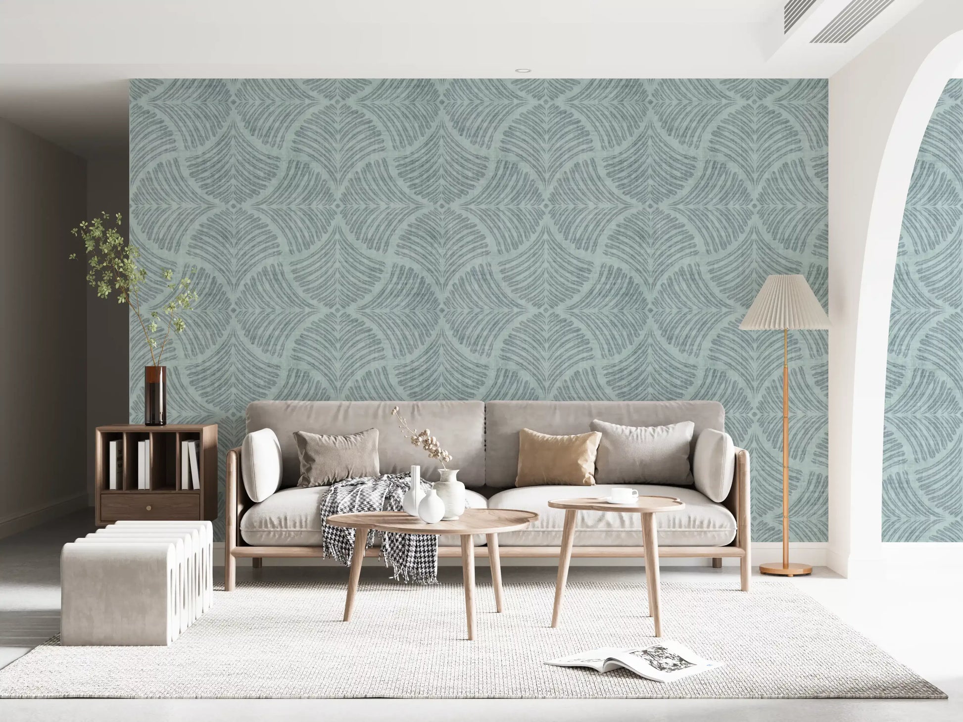 Living room lightens up with this dusty blue scallop fan wallpaper.