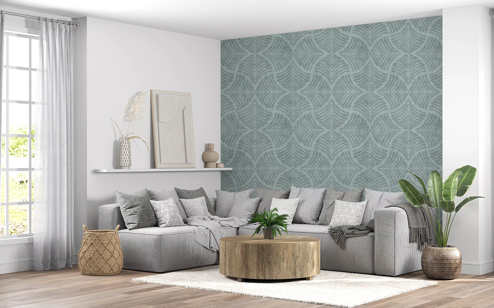 Symmetrical fan shapes arrange evenly across this dusty blue Japandi wallpaper.