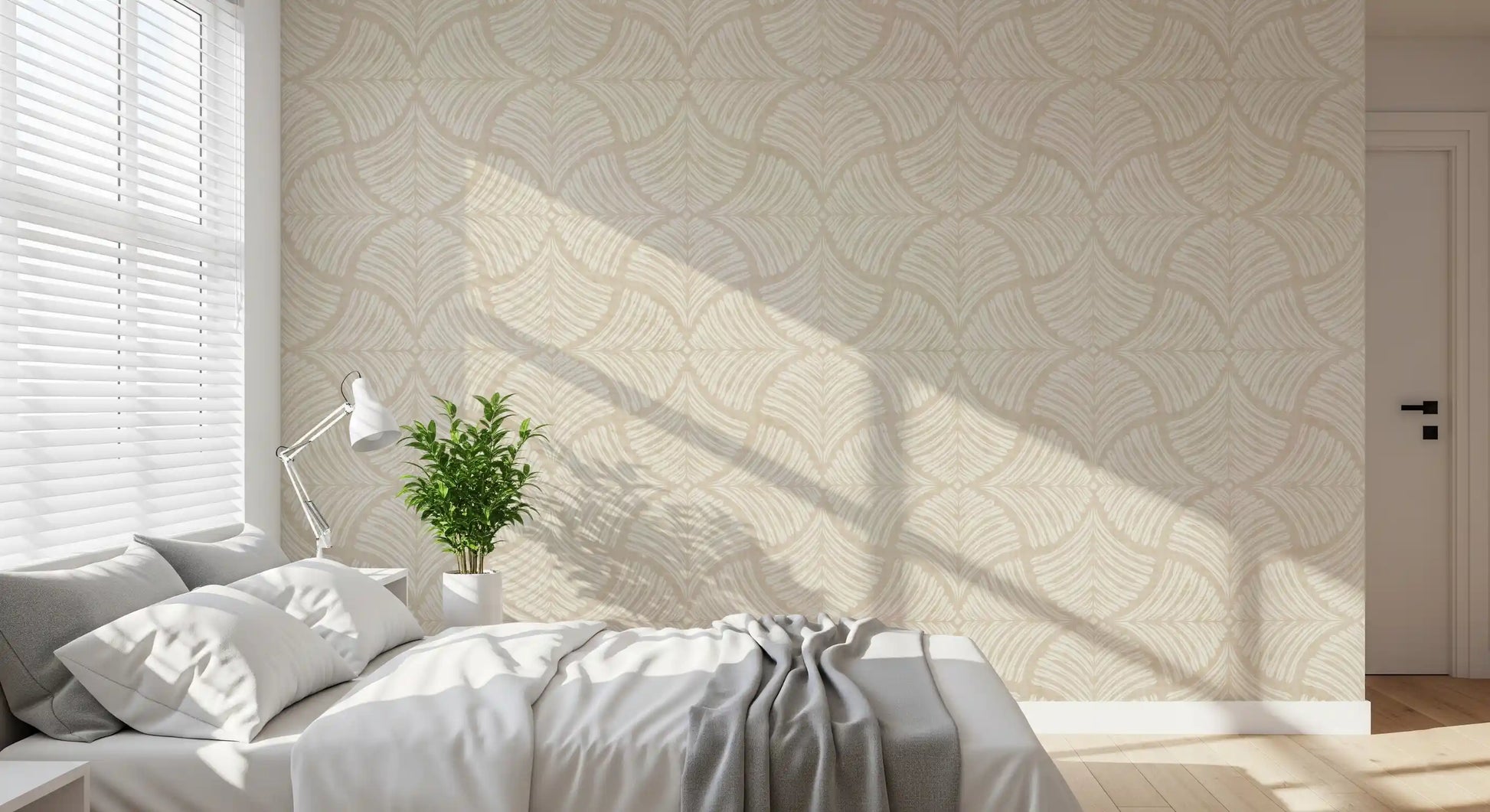 A modern Bedroom balances out with this cream scallop fan wallpaper.