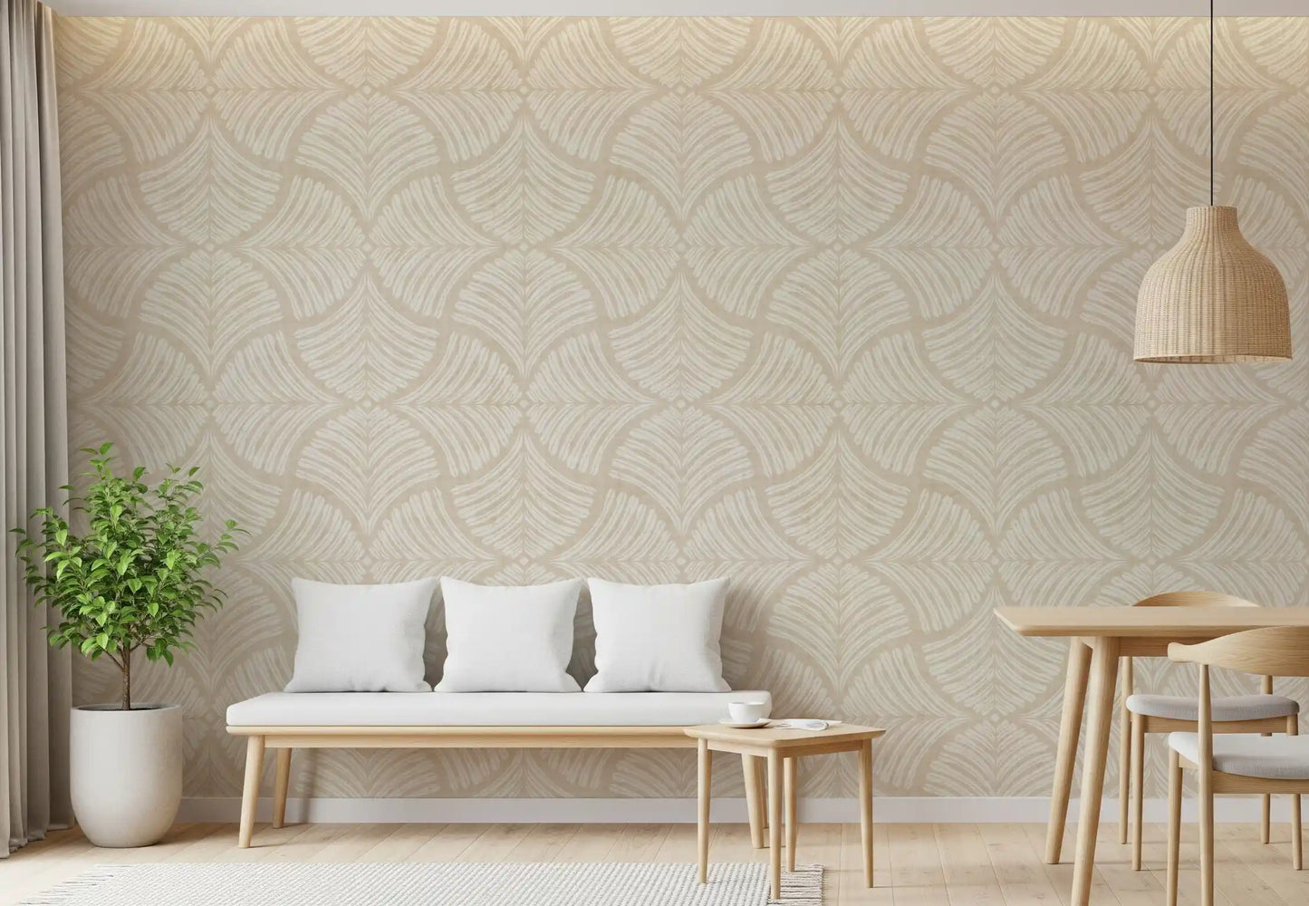 Cream and warm beige tones cover this minimalist scallop fan wallpaper evenly.