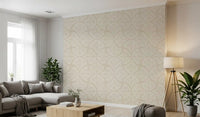 Off-white scallops trace gentle curves on a warm cream Japandi wallpaper.