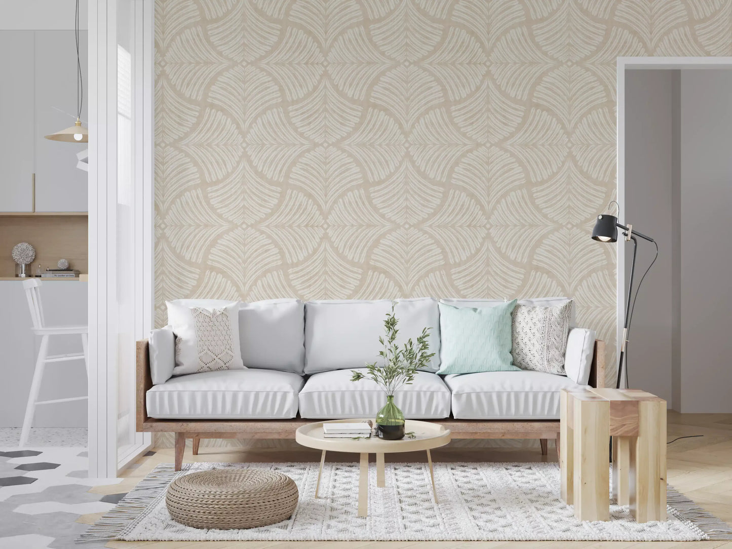 A lounge pulls easy comfort from this cream scallop fan Japandi wallpaper.