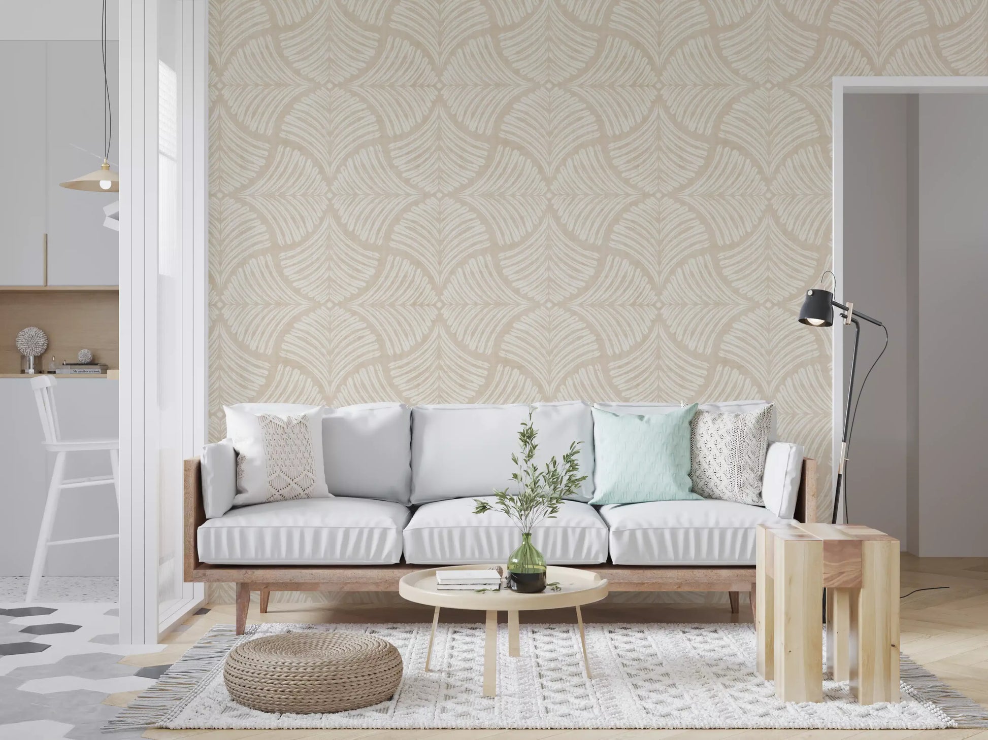A lounge pulls easy comfort from this cream scallop fan Japandi wallpaper.