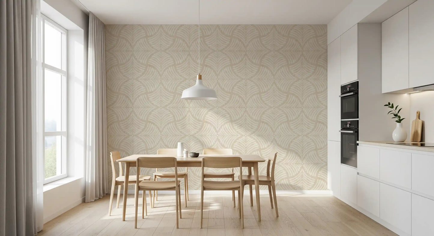 Quiet elegance lands in a Dining room with this cream scallop fan wallpaper.