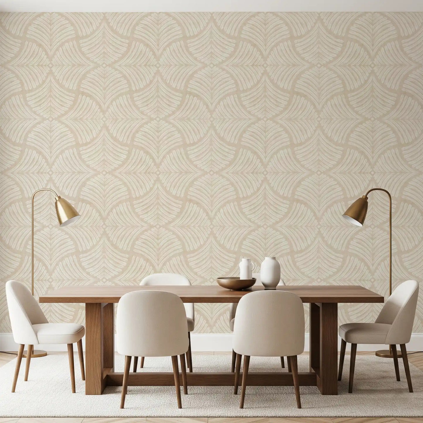 Subtle scallop fans polish a dining room mood with this minimalist cream wallpaper.