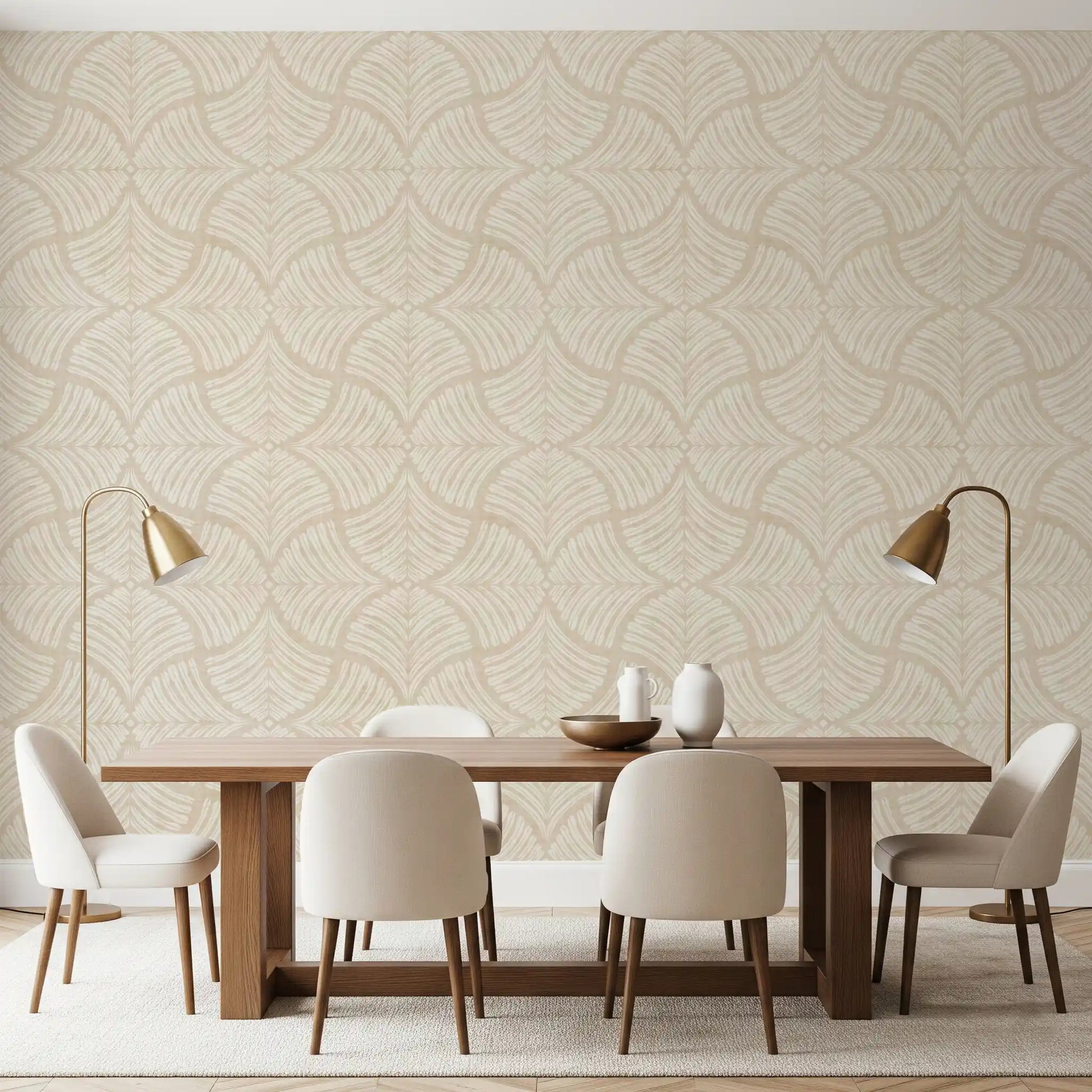 Subtle scallop fans polish a dining room mood with this minimalist cream wallpaper.