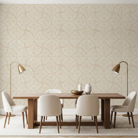 Subtle scallop fans polish a dining room mood with this minimalist cream wallpaper.
