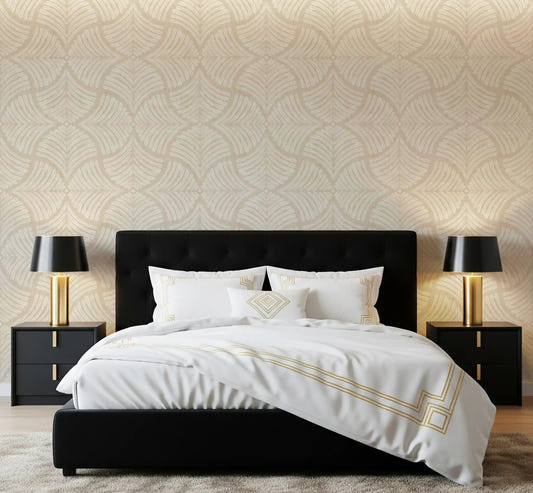 Cream scallop motifs whisper calm into a bedroom with this Japandi wallpaper.