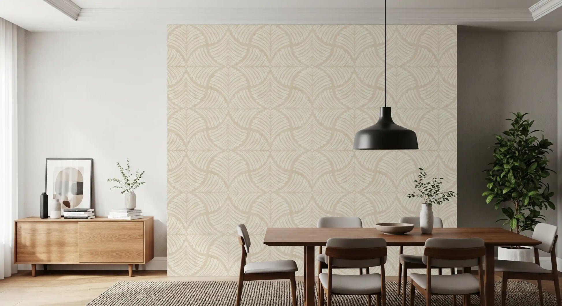 Symmetrical scallop motifs interlock across this Japandi-inspired wallpaper.
