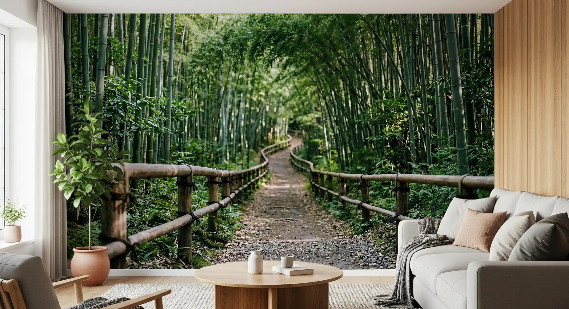 A Hallway slows down with this green bamboo forest path wall mural backdrop.