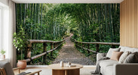 A Hallway slows down with this green bamboo forest path wall mural backdrop.