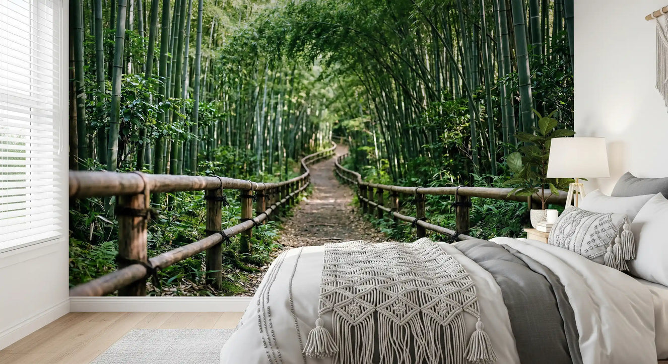A bamboo forest path opens up a bedroom space with this nature wall mural.