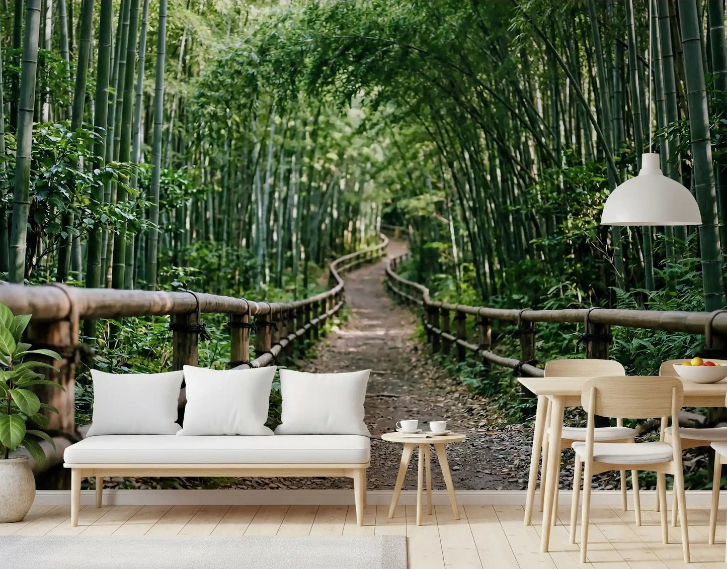 Tall green bamboo extends a living room into the outdoors with this wall mural.