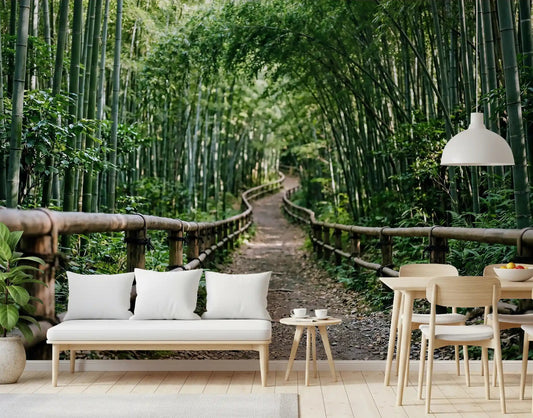 Tall green bamboo extends a living room into the outdoors with this wall mural.