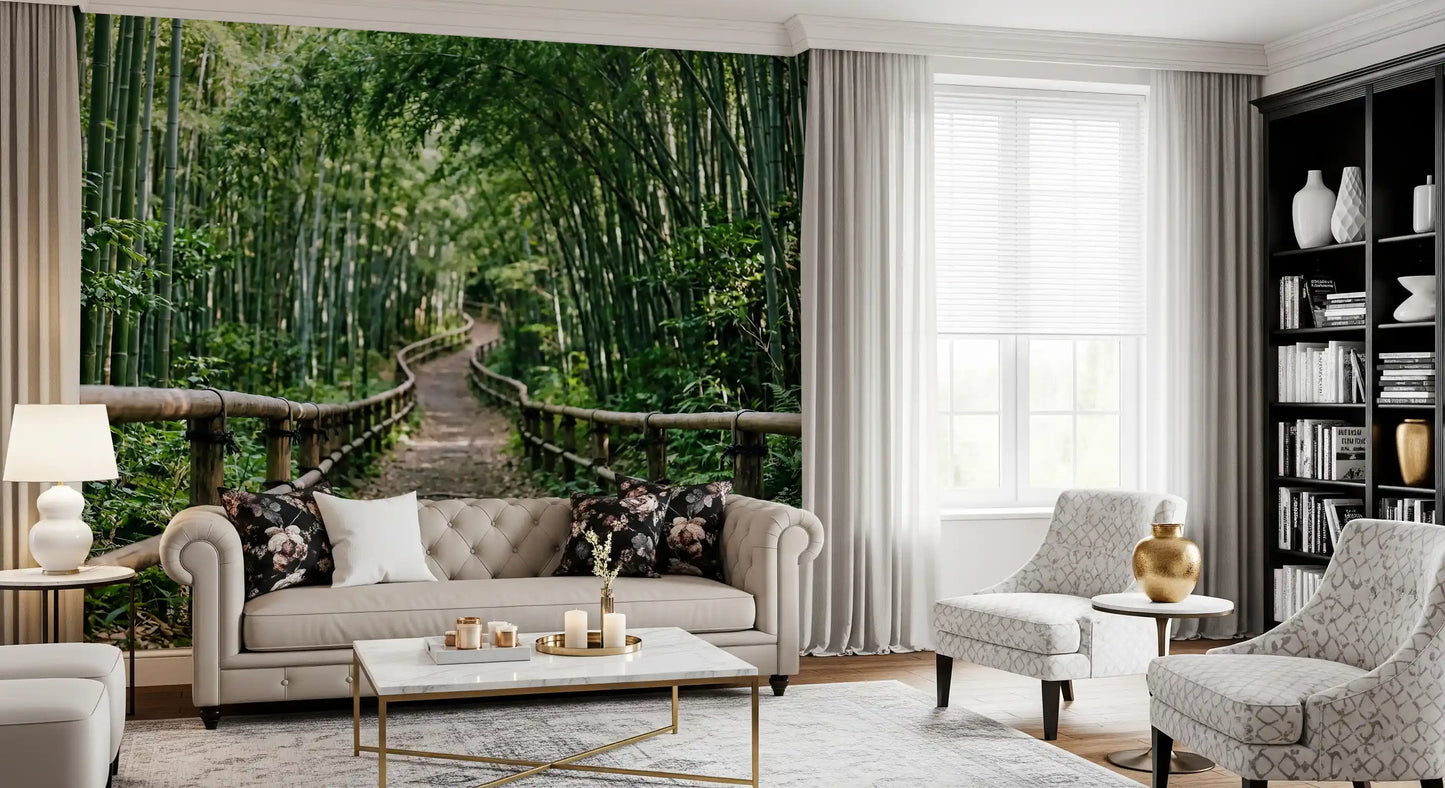 Bamboo forest path wall mural with green stalks rising along a curved nature walk.