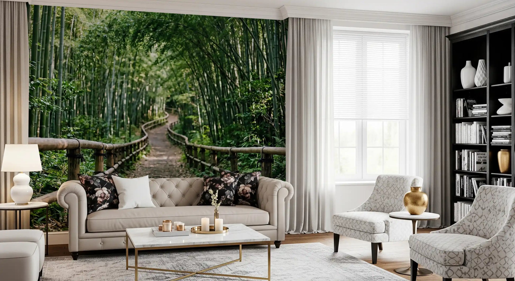Bamboo forest path wall mural with green stalks rising along a curved nature walk.