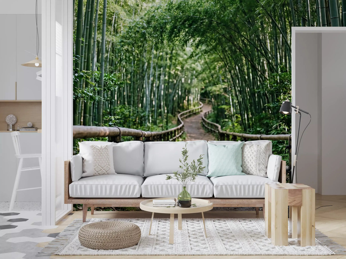 A serene forest path roots a living room in nature through this bamboo wall mural.
